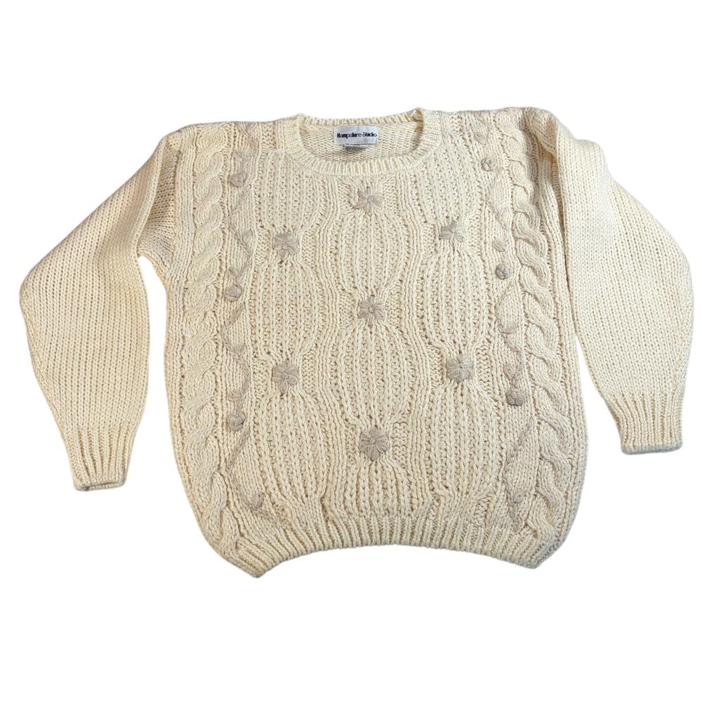 VTG Hampshire Studio womens cream sweater embroidered flowers. Size PS. 80s